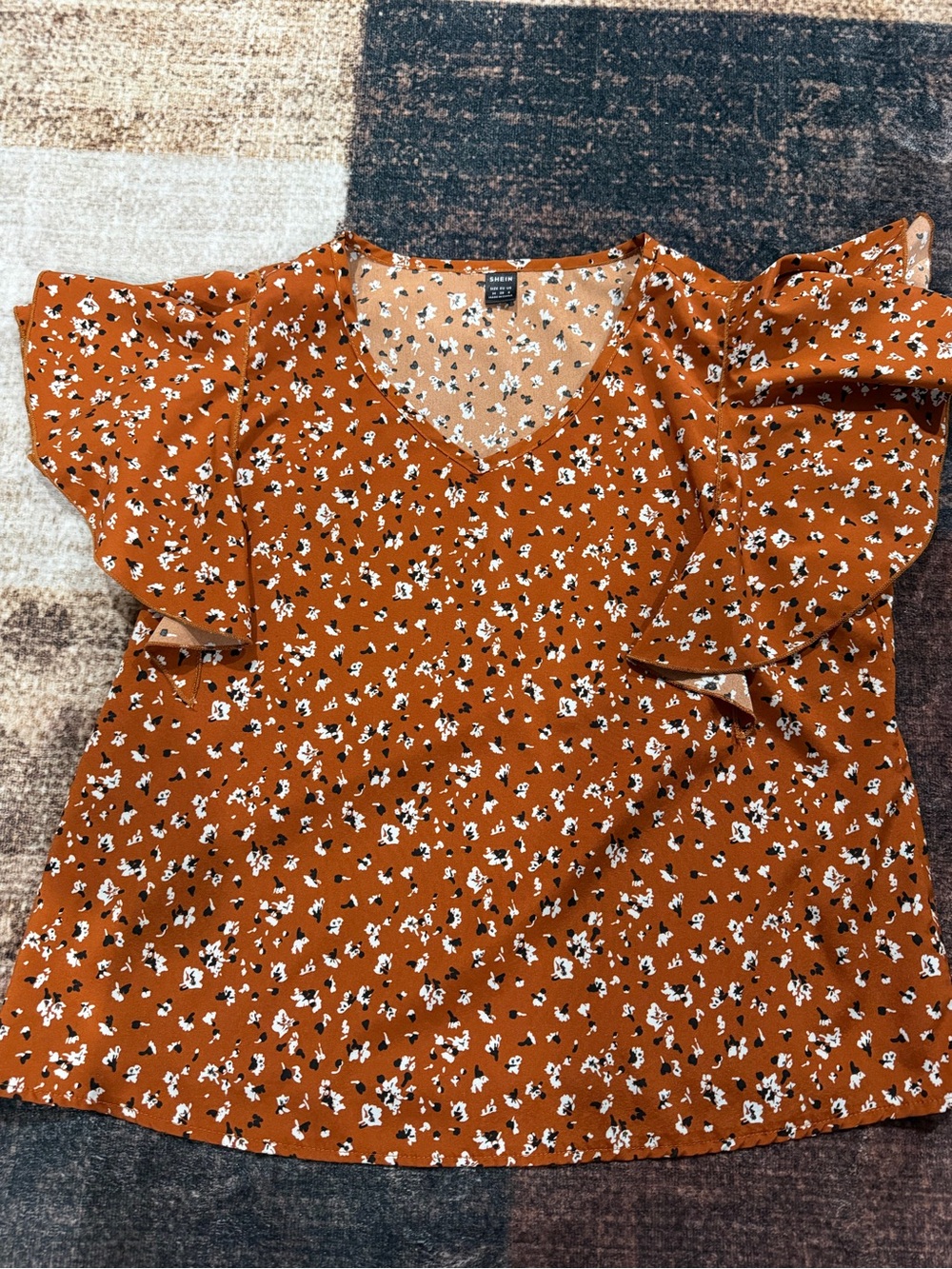 SHEIN Rust Orange Floral V-Neck Flutter Sleeve Blouse